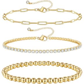 أساور خرز بطبقات ذهبية من KissYan للنساء، مطلية بالذهب عيار 14 قيراط وقابلة للتمدد ومطرزة بالخرز على شكل كرة عين الشر ومشبك ورق على شكل ثعبان كوبي سلسلة ربط الأقمار الصناعية 2/3/4/5 قطعة مجموعة أساور للفتيات المراهقات in Kuwait