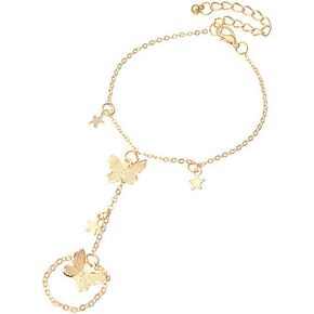 Butterfly Finger Ring Bracelet for Women Girls 14K Gold Plated Dainty Star Slave Hand Chain Harness Bangle Boho Gypsy Bollywood Beach Wedding Retro Party Y2K Jewelry 2 Pieces