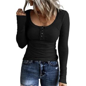 FANGJIN Plain Black Shirts for Women Long Sleeve Tops for Women Trendy Henley Casual Tshirt Spring Woman Basic Tee Ribbed XL
