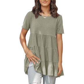 Tankaneo Women's Summer Short Sleeve T Shirt Crew Neck Ruffle Hem Peplum Babydoll Blouse Tunics in Saudi Arabia