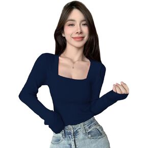 GORGLITTER Women's Long Sleeve Square Neck Sweater Casual Solid Fitted Knit Pullover Top