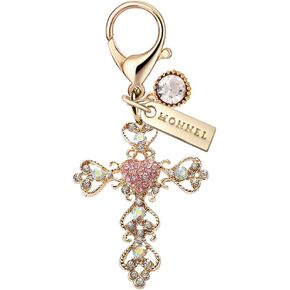 MONNEL MC319 Crystal Big Cross Lobster Clasp Charm for Women Girls with Velvet Bag (Pink,1 Piece)