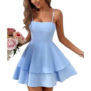 SEMATOMALA Women's Tie Back Spaghetti Strap Skater Mini Dress Tiered Ruffle Fit and Flared A Line Sexy Cute Short Party Dress