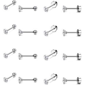 8 أزواج من أقراط الغضروف للنساء والرجال، صغيرة من الفولاذ المقاوم للصدأ، ثقب الأذن، مسمار تشيكوسلوفاكيا، أقراط بظهر مسطح، 2-5 مم in Kuwait