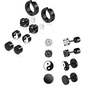 8 Pairs Surgical Steel Earrings for Men, Black Men Earrings Magnetic Earrings Studs Screw Back Earrings Flat Back Stud Boys Earrings Hypoallergenic Aritos Para Hombre Black Earrings Set