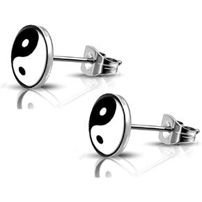 SIISPRI 316L Surgical Stainless Steel Yin Yang Round Circle Button Stud Post Earrings 10MM