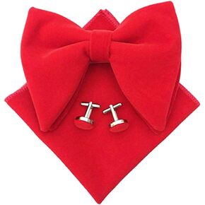 Men Velvet Oversized Bow Tie Pocket Square Cufflinks Set Bowtie Hanky Cuff Links