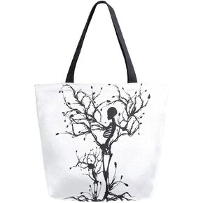 Naanle Skull Canvas Tote Bag Large Women Casual Shoulder Bag Handbag, Tree of Life Reusable Multipurpose Heavy Duty Shopping Grocery Cotton Bag for Outdoors.