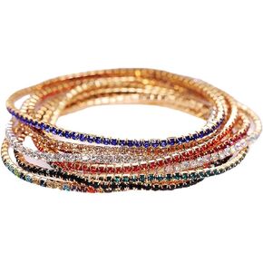 10Pcs 14K Gold Plated Dainty Sparkling Colorful Cubic Zircon Crystal Beaded Stackable Stretch Rhinestone Adjustable Tennis Chain Bracelets Birthday Jewelry for Women