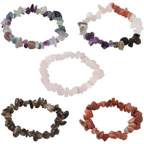 FASHEWELRY 5pcs Natural Gem Stone Bracelet Stretch Chip Bead Adjustable Crystal Chakra Healing Irregular Stone Bead Bangle Bracelet for Women Align Chakras Conquer Fear Increase Communication