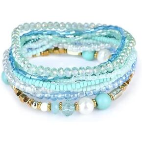 8 مجموعات البوهيمي تكويم الخرزة الأساور للنساء متعدد الألوان تمتد مطرز الأساور الطبقات حبة سوار مجموعة بوهو مجوهرات - وردي فاتح in Kuwait