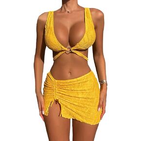 WDIRARA Women's Plain 3 Piece Swimsuit Tie Back Bikini Drawstring Side Cover Up Skirt Set