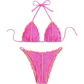 SweatyRocks Women's 2 Piece Bathing Suit Frill Trim Halter Triangle Bikini Thong Swimsuit