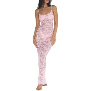Sexy See Through Sheer Mesh Maxi Dress Sleeveless Lace Patchwork Long Dress Perspective Backless Bodycon Beach Wear