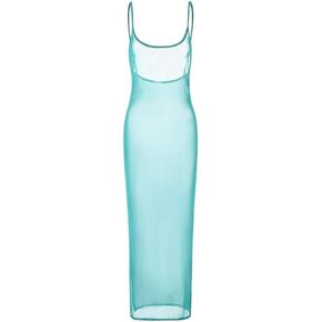 Sexy See Through Sheer Mesh Maxi Dress Sleeveless Lace Patchwork Long Dress Perspective Backless Bodycon Beach Wear