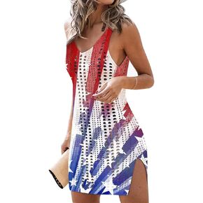 GOWONE Women Hollow Out Slit Crochet Cover Up Sleeveless 4th of July Patriotic Swimwear Beach Dresses