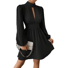 SweatyRocks Women's Long Lantern Sleeve Mock Neck Cut Out Dress Elegant A Line Short Dresses