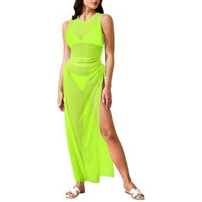 Women's Sexy Swimsuit Cover Up Mesh Sheer Long Coverup High Split See Through Dress for Swimwear