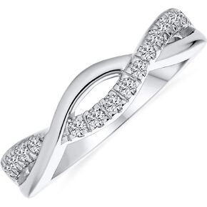 Two Tone Black White CZ Personalize Intertwined Rope Twist Knot 1/2 Eternity Clear Pave Cubic Zirconia Infinity Band Ring For Women Girlfriend .925 Sterling Silver Customizable