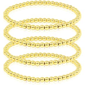 SM Stainless Steel Gold Silver Rose gold Beaded Ball Bracelets Set for Women Stretchable Elastic Bracelet (Set 4pcs - 4mm Solid Gold)