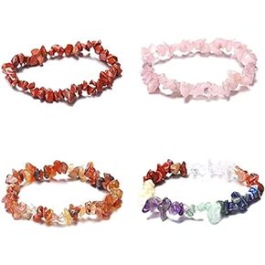 COLORFUL BLING 4pcs Red Raw Carnelian Bracelet Set Natural Stone Chips Chakra Good Luck Energy Gemstone Rose Quartz Crystal for Women Girls Healing Anxiety Jewelry