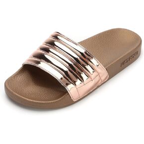 VICT POPU Womens Slides Beach House Pool Slip On Slippers Non-slip PU Flat Sandals