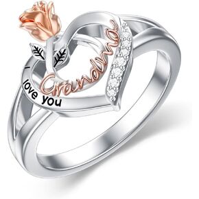 POPKIMI Gifts for Grandma Grandma Ring with Rose Flower I Love You Grandma Jewelry Gifts for Grandmother 925 Sterling Silver Ring Grandma Jewelry Rose Flower Love Heart Ring Birthday Jewelry for Women
