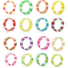 16 قطعة من خواتم الاكريليك الراتنج زهرة الفاكهة الملونة مجموعة خواتم الاصبع لطيف مناسبة لمختلف الانماط لطيف مجوهرات للنساء والراتنج والراتنج, مادة صمغية, راتنج in Kuwait