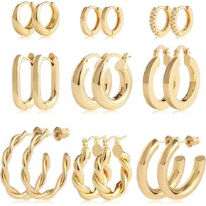 Gold Hoop Earrings Set 14k Gold Plated Huggie Earrings Hypoallergenic Chunky Twisted Thick Jewelry for Multiple Piercing Christmas Gift for Women