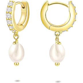 14k Gold Pearl Drop Earrings, Pearl Huggie Earrings for Women, Cubic Zirconia Hoop Earrings, Hypoallergenic Pearl Dangle Earrings Jewelry for Gifts