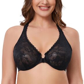 MELENECA Women's Plus Size Racerback Unlined Lace Underwire Front Closure Bra