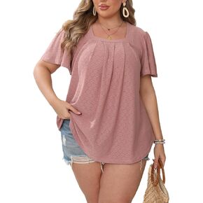 Womens Plus Size Tops Short Sleeve Casual Summer Square Neck Pleated Loose Fit Flowy Eyelet T Shirts Blouse (1X-5X)