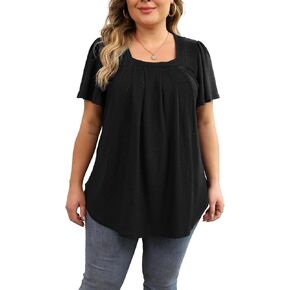 Womens Plus Size Tops Short Sleeve Casual Summer Square Neck Pleated Loose Fit Flowy Eyelet T Shirts Blouse (1X-5X)