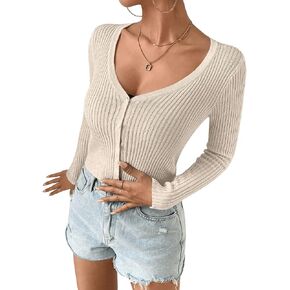 SweatyRocks Women's Casual Button Front Long Sleeve Crop Cardigan Sweater Solid Rib Knit Top