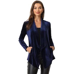 Allegra K Women's Shawl Collar Pocket Open Front Velvet Cardigan