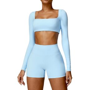 ABOCIW Workout Sets for Women 2 Piece Square Neck Long Sleeve Crop Tops High Waist Biker Shorts Gym Sets