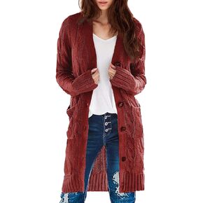 Womens Long Sleeve Cable Knit Long Cardigan Open Front Button Sweater Outerwear