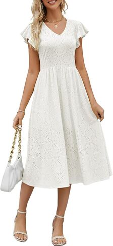 Women's Elegant Summer V Neck Ruffle Sleeve Casual Dress A Line Swing Wedding Guest Cocktail Midi Dresses 721 in Saudi Arabia