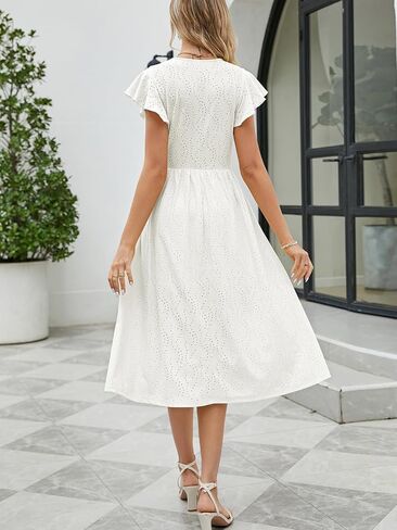 Women's Elegant Summer V Neck Ruffle Sleeve Casual Dress A Line Swing Wedding Guest Cocktail Midi Dresses 721 in Saudi Arabia