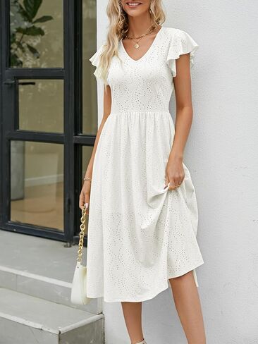 Women's Elegant Summer V Neck Ruffle Sleeve Casual Dress A Line Swing Wedding Guest Cocktail Midi Dresses 721 in Saudi Arabia