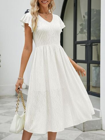 Women's Elegant Summer V Neck Ruffle Sleeve Casual Dress A Line Swing Wedding Guest Cocktail Midi Dresses 721 in Saudi Arabia