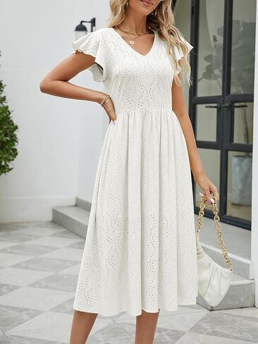 Women's Elegant Summer V Neck Ruffle Sleeve Casual Dress A Line Swing Wedding Guest Cocktail Midi Dresses 721 in Saudi Arabia