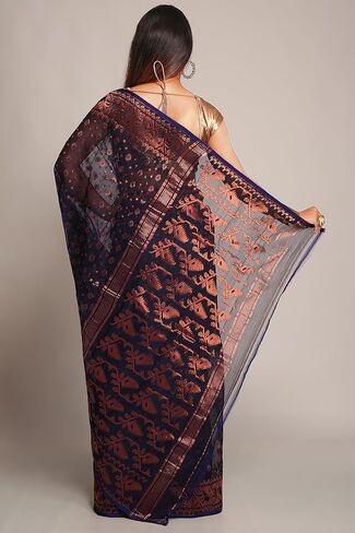 WoodenTant women’s cotton silk copper zari dhakai jamdani saree without blouse piece_(Royal blue), Blue, 5.5 in Kuwait