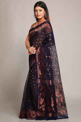 WoodenTant women’s cotton silk copper zari dhakai jamdani saree without blouse piece_(Royal blue), Blue, 5.5 in Kuwait