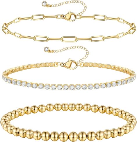 أساور خرز بطبقات ذهبية من KissYan للنساء، مطلية بالذهب عيار 14 قيراط وقابلة للتمدد ومطرزة بالخرز على شكل كرة عين الشر ومشبك ورق على شكل ثعبان كوبي سلسلة ربط الأقمار الصناعية 2/3/4/5 قطعة مجموعة أساور للفتيات المراهقات in Kuwait