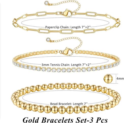 أساور خرز بطبقات ذهبية من KissYan للنساء، مطلية بالذهب عيار 14 قيراط وقابلة للتمدد ومطرزة بالخرز على شكل كرة عين الشر ومشبك ورق على شكل ثعبان كوبي سلسلة ربط الأقمار الصناعية 2/3/4/5 قطعة مجموعة أساور للفتيات المراهقات in Kuwait