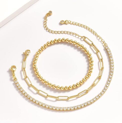 أساور خرز بطبقات ذهبية من KissYan للنساء، مطلية بالذهب عيار 14 قيراط وقابلة للتمدد ومطرزة بالخرز على شكل كرة عين الشر ومشبك ورق على شكل ثعبان كوبي سلسلة ربط الأقمار الصناعية 2/3/4/5 قطعة مجموعة أساور للفتيات المراهقات in Kuwait