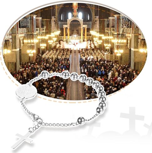 Rofusn Saint Benedict Cross Bracelet, Adjustable Stainless Steel Religious Catholic Link Chain Wristband for Men Womens in Kuwait