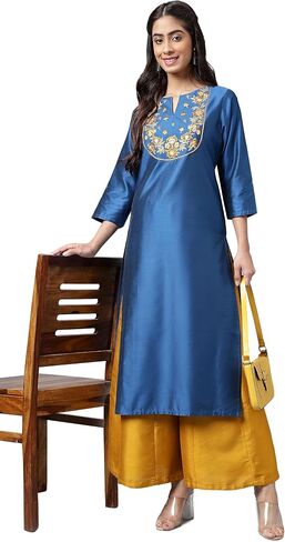 كورتا مستقيمة صلبة حريرية من البوليستر الأزرق للنساء من Janasya Indian in Saudi Arabia