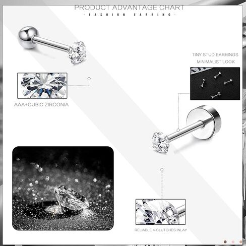 8 أزواج من أقراط الغضروف للنساء والرجال، صغيرة من الفولاذ المقاوم للصدأ، ثقب الأذن، مسمار تشيكوسلوفاكيا، أقراط بظهر مسطح، 2-5 مم in Kuwait